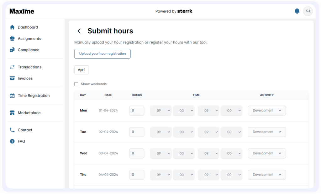 Maxime platform dashboard showcasing the time registration feature, enabling users to manually upload and manage work hours for distributed teams.