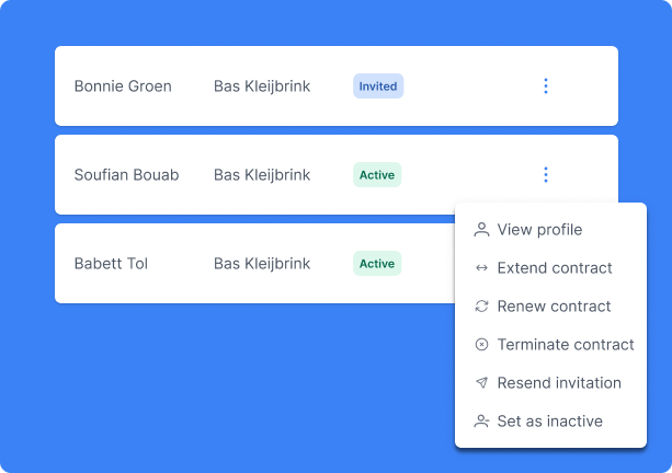 Dashboard interface displaying employee contract statuses with options to extend, renew, or terminate contracts.