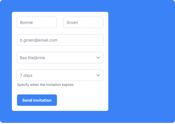 Form interface for inviting and onboarding new hires, showing fields for name, email, and expiration settings.